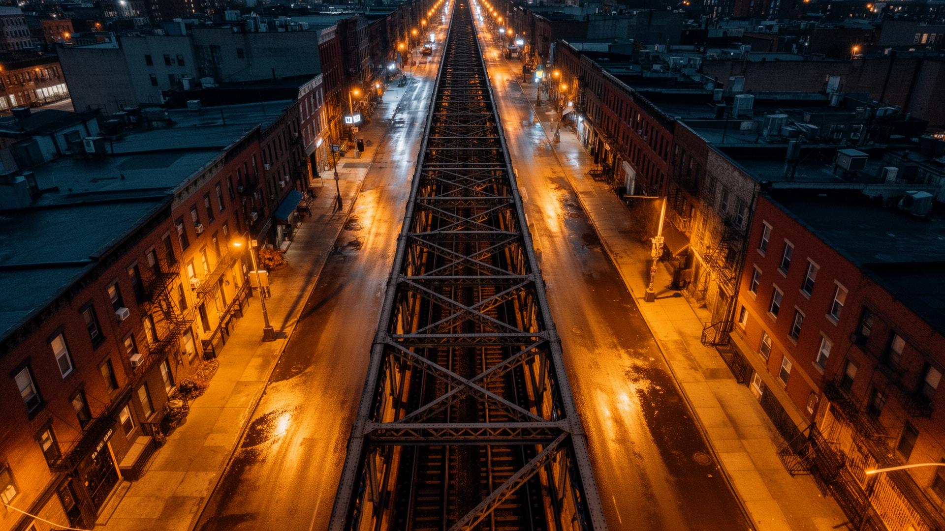 The elevated M train line above Myrtle Avenue in Bushwick at night