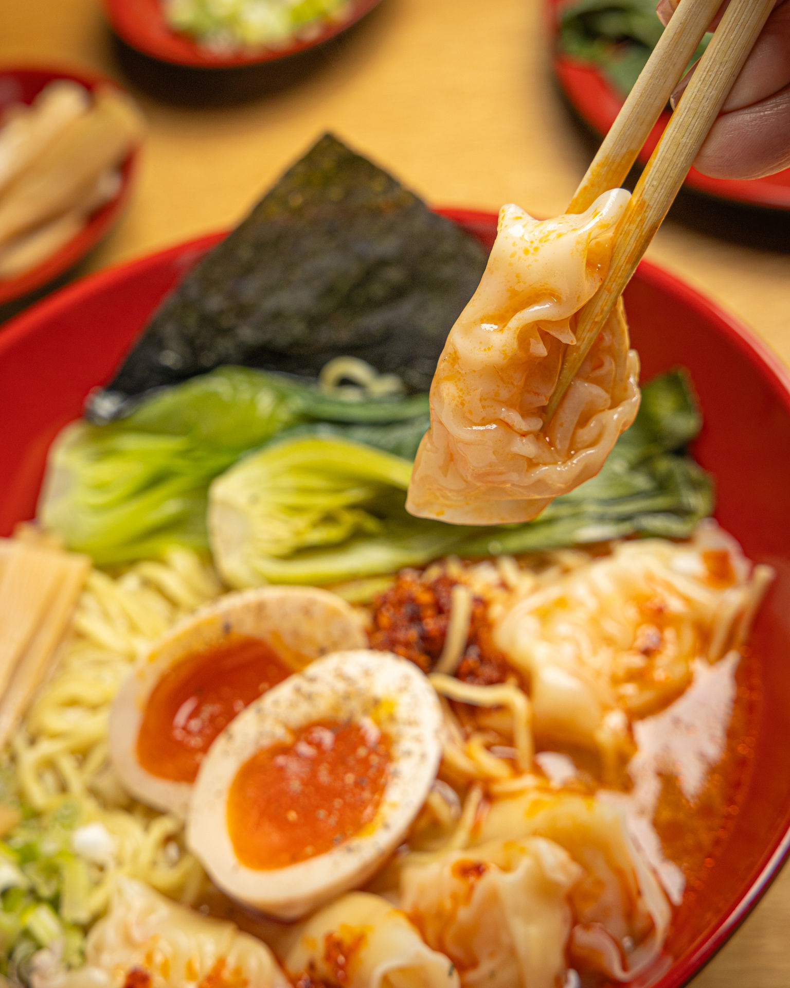 Wonton men with chili oil and ajitama